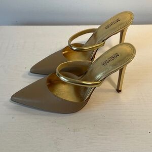Michael Kors Jess Tan Leather & Gold Slip on Mule sz6.5
